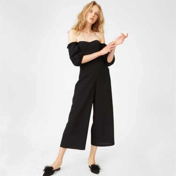 CLUB MONACO Darlana Off Shoulder Wide Leg Jumpsuit Soot Black {KK26}